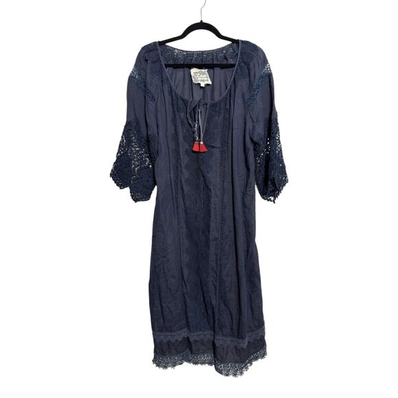 Johnny Was Other - Love Johnny Was 100% Linen Navy Blue Floral Lace Eyelet Cover Up Size Large